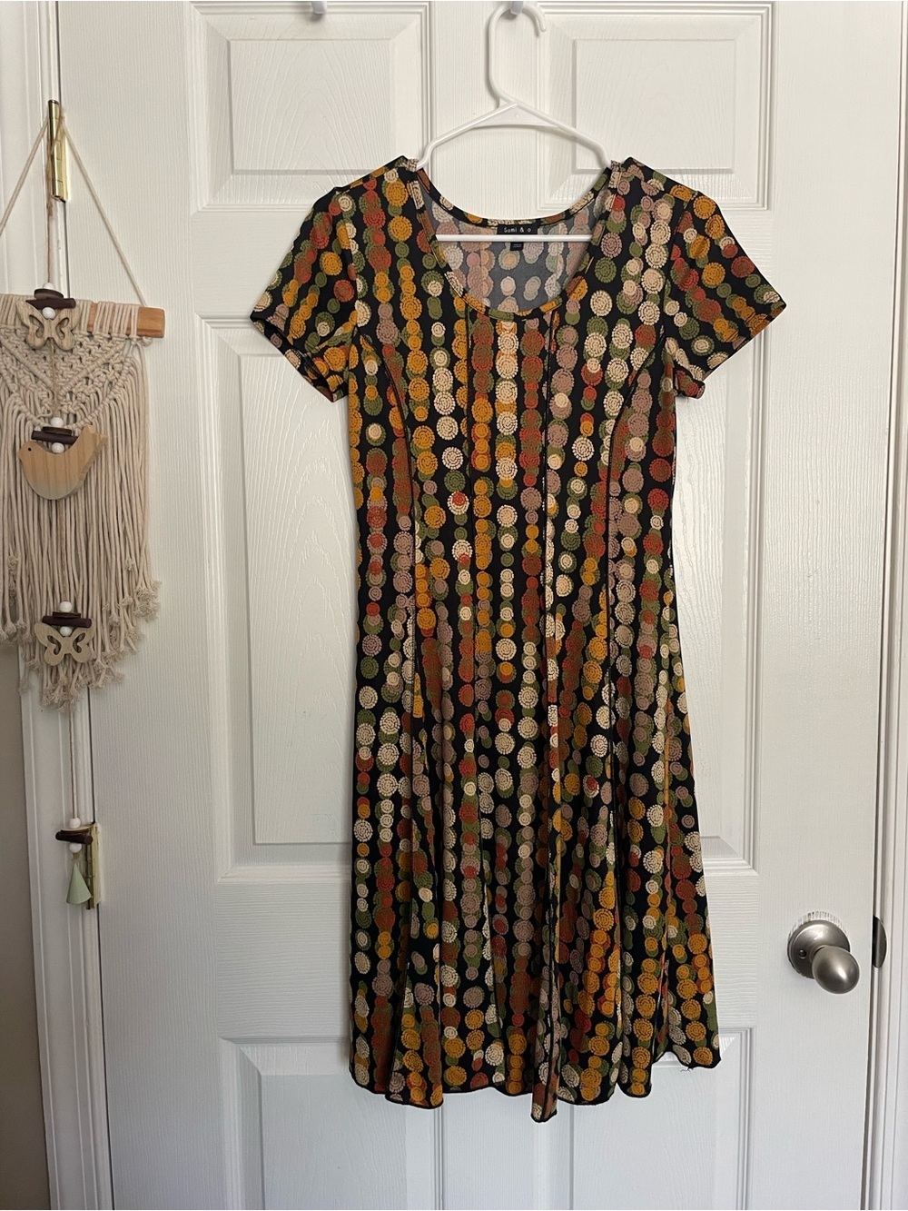 Sami & Jo Women’s size Small Black Midi Dress with Multi-Color Dot Stripes